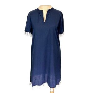 Madison Mathews Womens Tunic Dress Large Navy   White Tassel Trim Lightweight